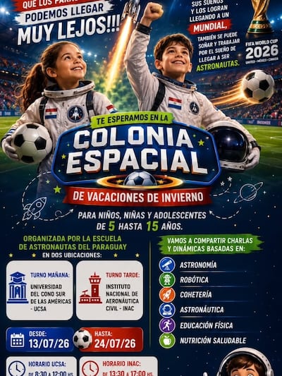 Escuela de Astronautas invitan a Colonia Espacial por vacaciones de invierno para niños y adolescentes de 5 a 15 años desde el 13 de julio al 24 de julio.