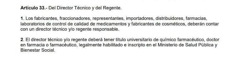 Documento con texto extenso sobre regulación del sector farmacéutico, resaltando requisitos de directores técnicos.