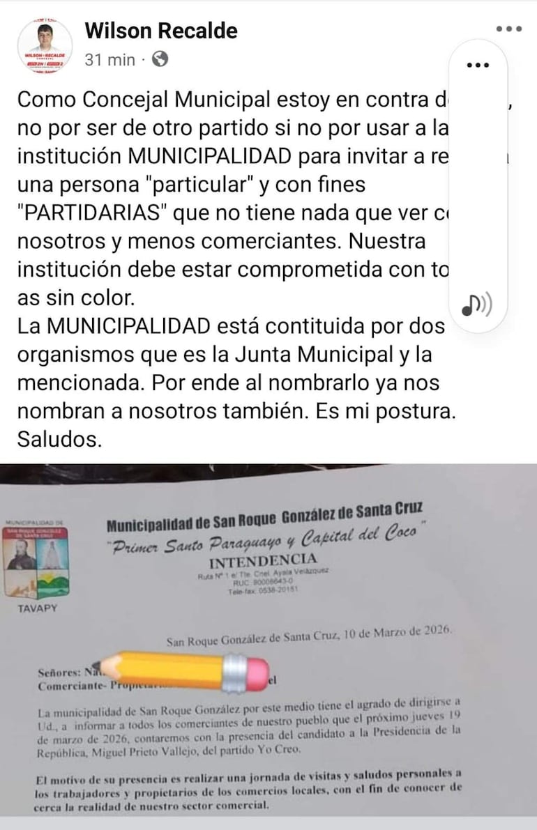 El concejal Wilson Recalde (ANR) denunció el presunto uso partidario de la Municipalidad.