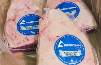 Varios cortes de carne empaquetados de Frigo 2000, etiquetados como Selección Especial, organizados en cámara fría.
