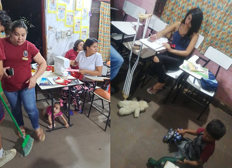 Algunas imágenes compartidas por la profe Liliana, para mostrar que sus alumnos acuden con sus hijos a clases y sortean los obstáculos de la vida para poder culminar su escolar básica.