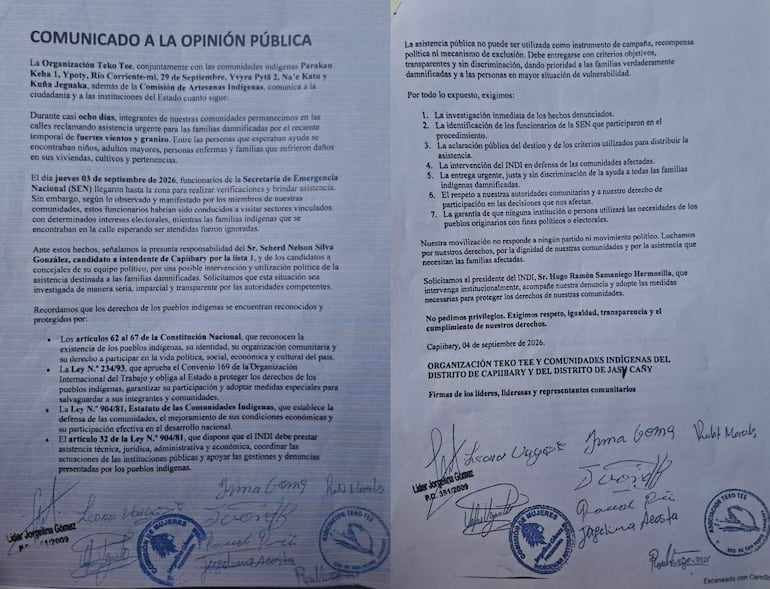Comunicado oficial de la Organización Teko Tee sobre derechos indígenas, con sello institucional en la parte inferior.