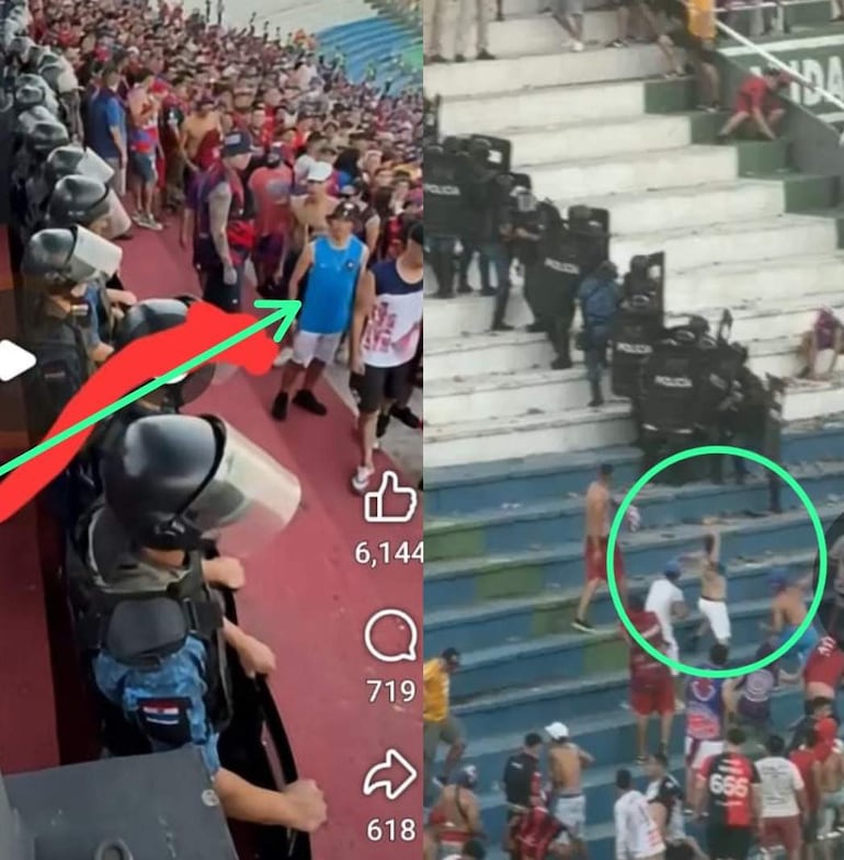 Multitud en estadio con personas en camiseta; oficiales de policía antimotines conteniendo la situación en ambiente tenso.