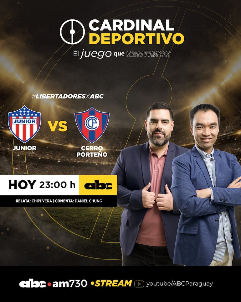 Junior vs. Cerro Porteño, por ABC Cardinal 730 AM y ABC Paraguay en Youtube.
