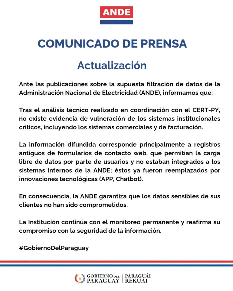 Comunicado de actualización de la ANDE sobre supuesta filtración de datos.