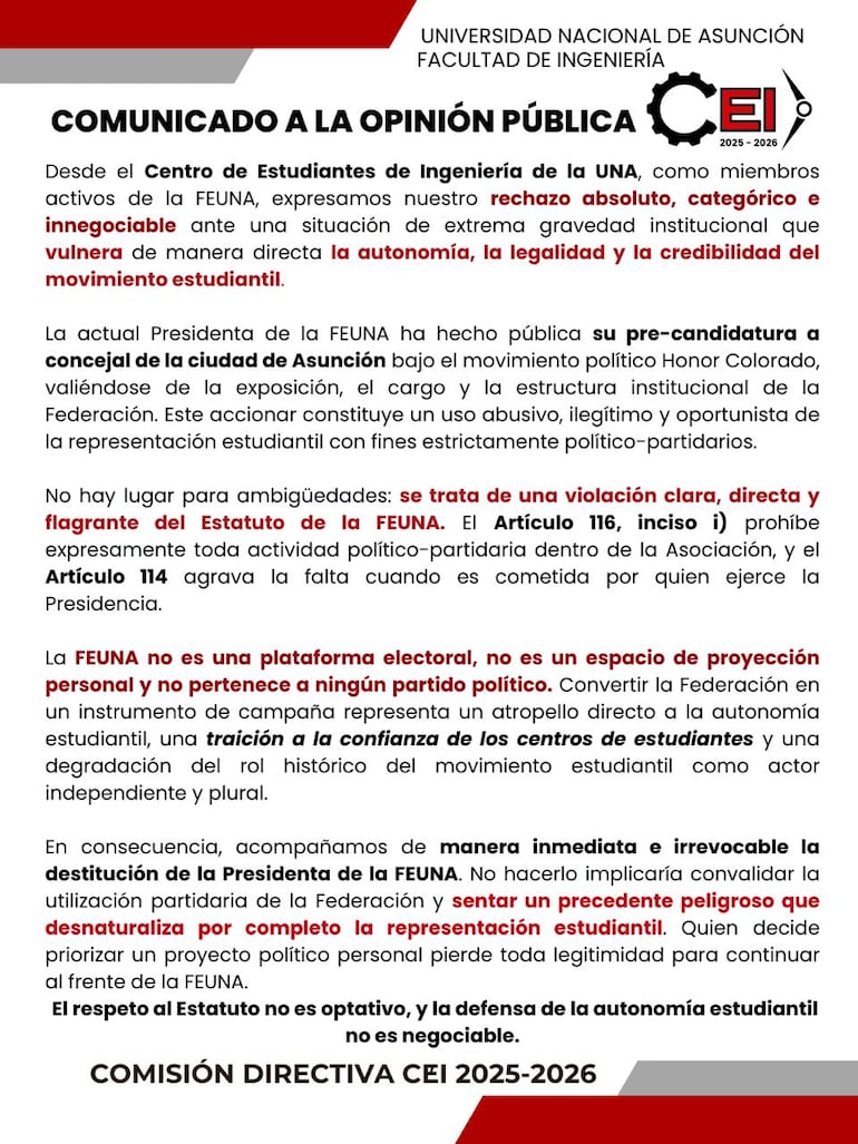 Comunicado del Centro de Estudiantes de Ingeniería de la UNA.