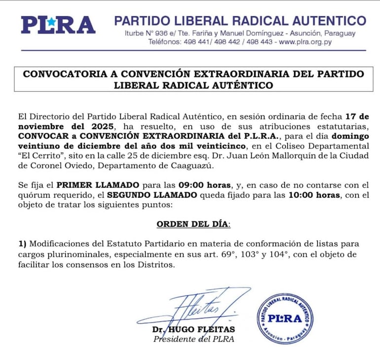 Convocatoria a convención del PLRA.
