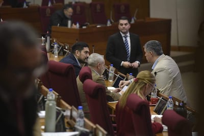 Mauricio Espínola, de barba y cabello oscuro, conversa con Esteban Samaniego, canoso. Una mujer escribe a su derecha, en ambiente legislativo.