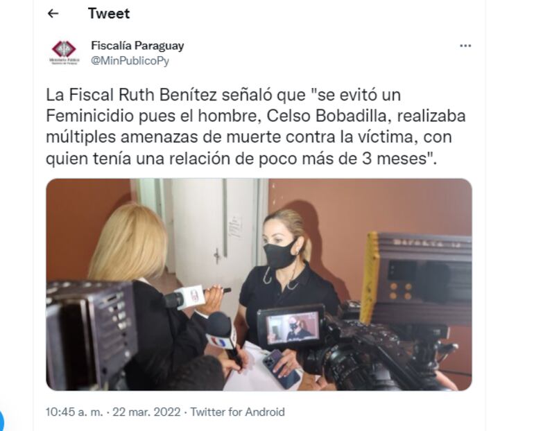 Tuit de la Fiscalía sobre la detención de un abogado denunciado por violencia familiar.