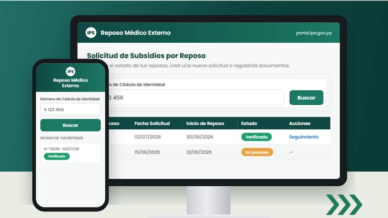 Computadora y teléfono móvil mostrando la interfaz del portal IPS para solicitudes de subsidios, con formularios y estados de solicitudes.