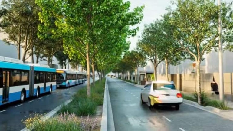 Vía urbana con autobuses azules y blancos y un vehículo privado, rodeada de árboles y bajo un cielo despejado.