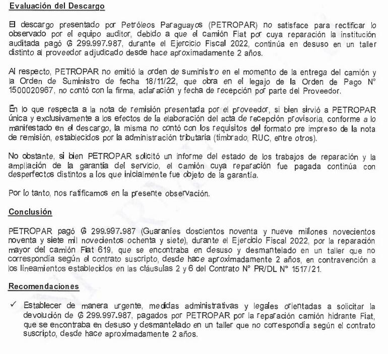 Informe de contraloría sobre Petropar