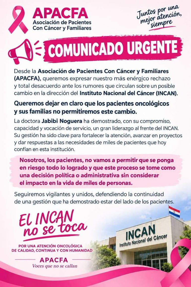 Comunicado de APACFA sobre el INCAN. Cinta rosa y texto destacando el rechazo al cambio de dirección, sin personas visibles.