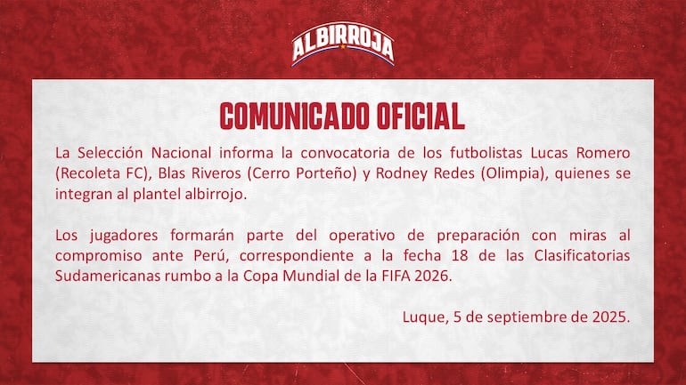 Comunicado de la Selección Paraguaya de Fútbol, convocando a tres futbolistas del plano local.