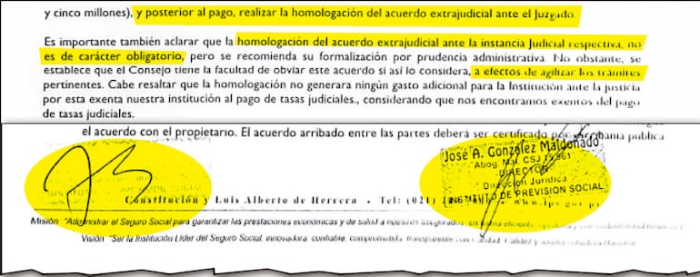 José González y Jorgelina Gómez refrendan con sus firmas el dictamen en el cual dicen que no es obligatoria la homologación ante la Justicia, pese a la recomendación específica del MEF.