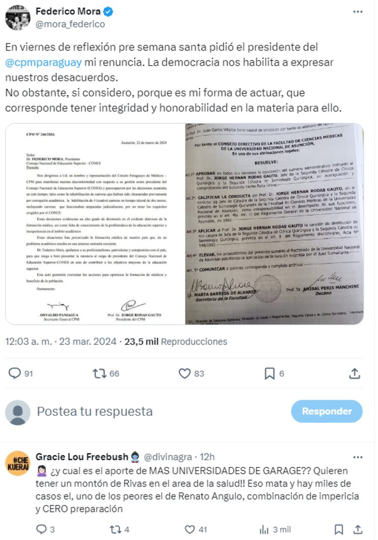 Publicación de Federico Mora en sus redes, esta medianoche, intentando desacreditar al doctor Jorge Rodas, presidente del CPM.