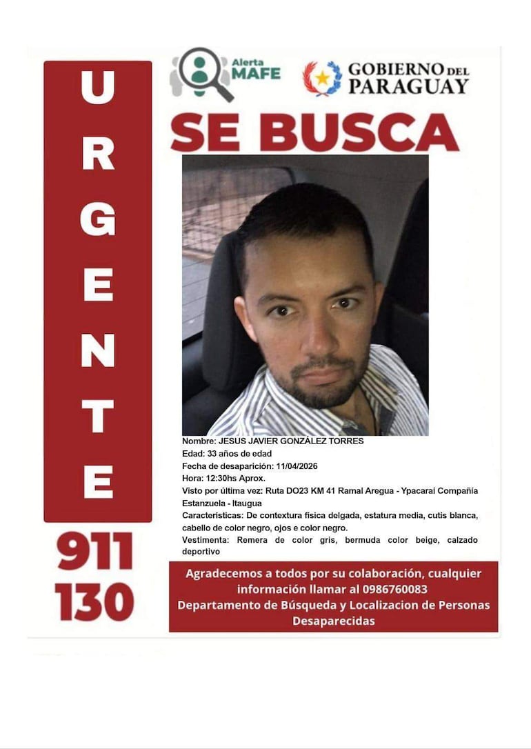 Cartel de 'se busca' con foto de Jesús Javier González Torres, con cabello negro, vistiendo remera gris y bermuda beige.