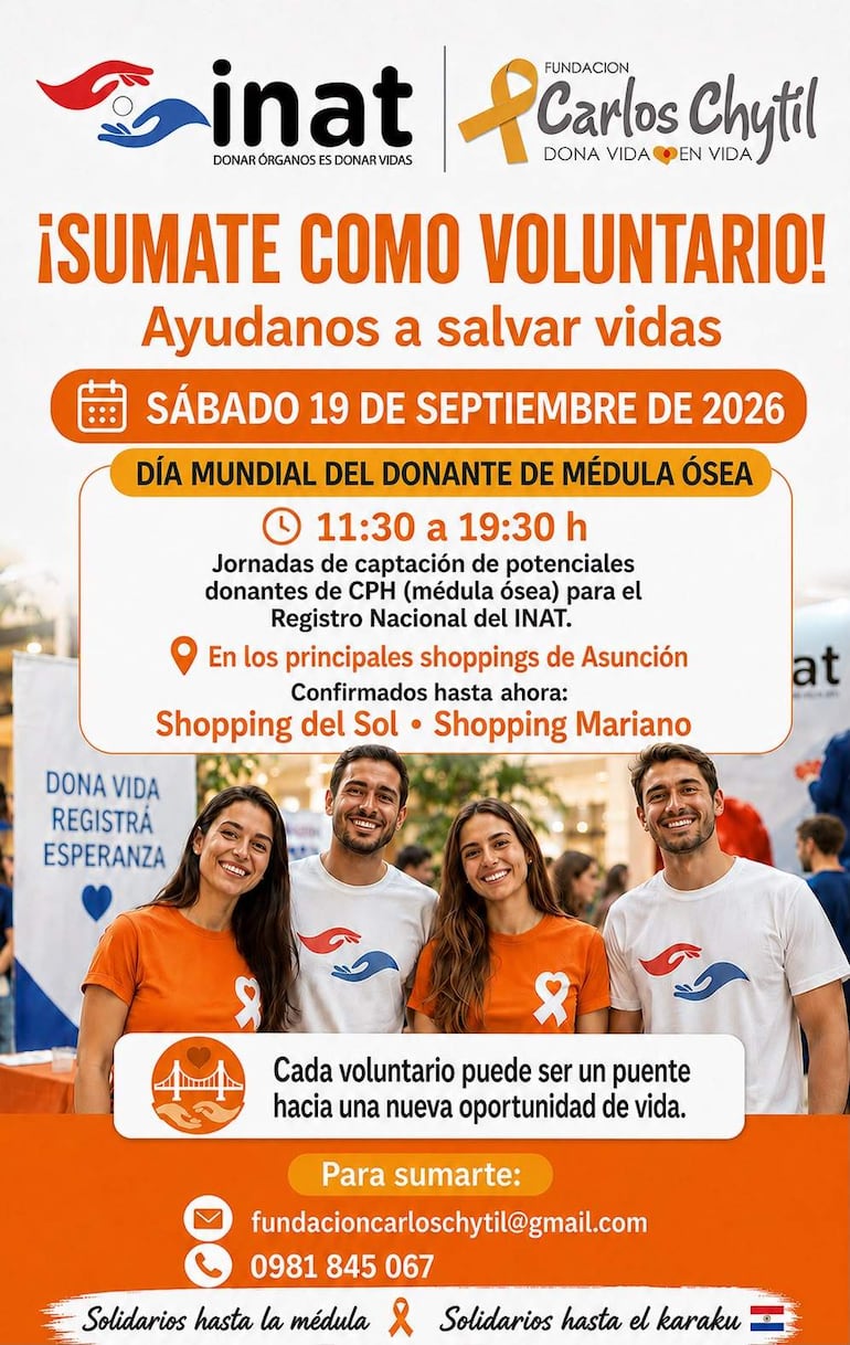 Cuatro jóvenes sonrientes con camisetas del INAT y Fundación Carlos Chytíl, posando en un shopping decorado con carteles de donación.