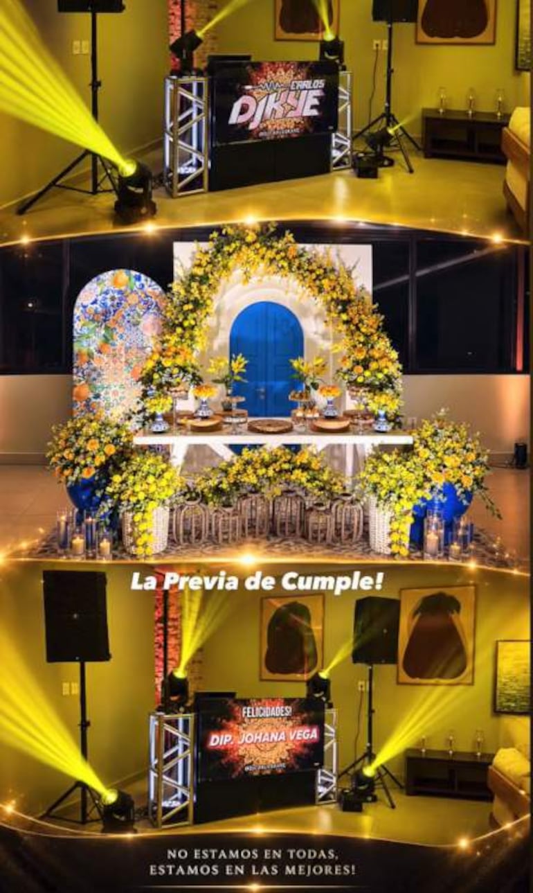Mesa decorada con flores amarillas y adornos azules para el cumpleaños de Johana Vega, sin personas visibles en la imagen.