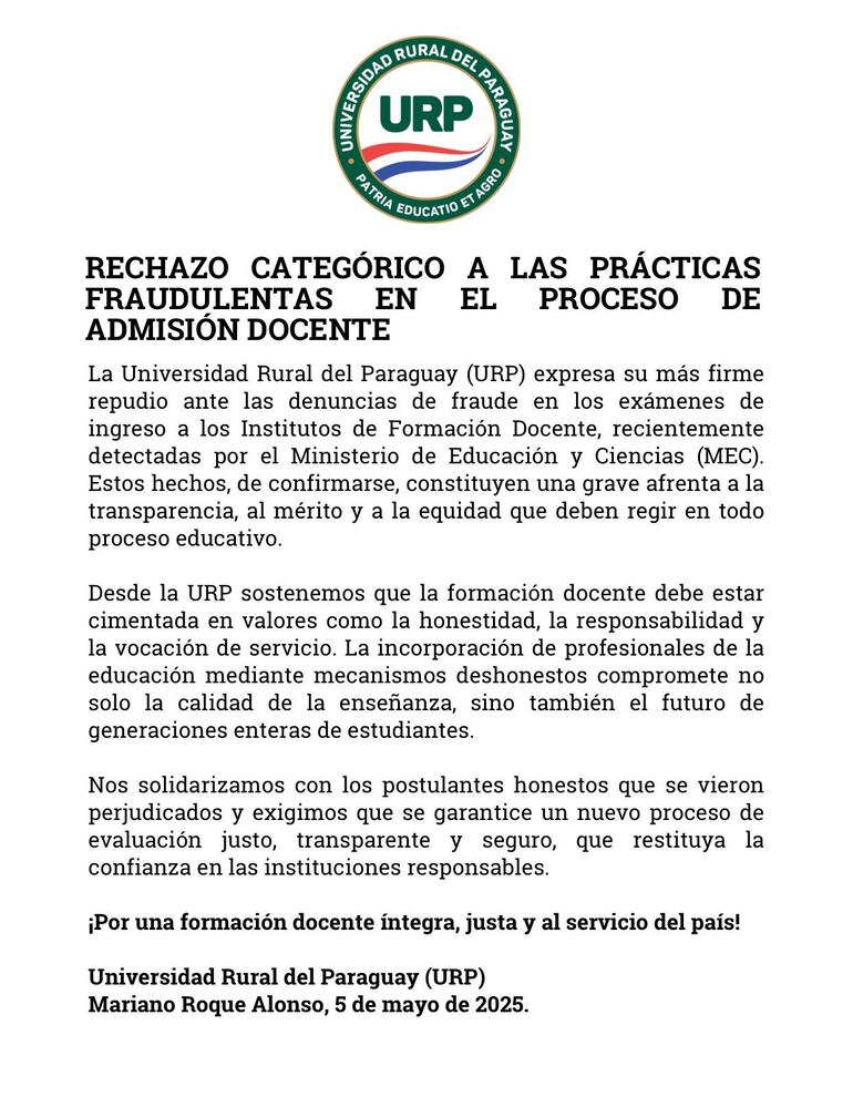 Universidad Rural del Paraguay rechaza prácticas fraudulentas en admisión docente
