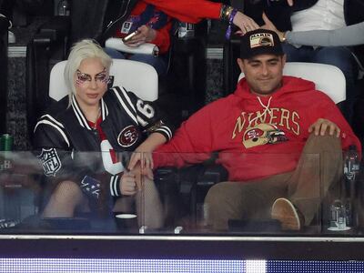 Lady Gaga with boyfriend Michael Polansky look on in the third quarter during Super Bowl LVIII between the San Francisco 49ers nad Kansas City Chiefs at Allegiant Stadium on February 11, 2024 in Las Vegas, Nevada. Rob Carr/Getty Images/AFP (Photo by Rob Carr / GETTY IMAGES NORTH AMERICA / Getty Images via AFP)