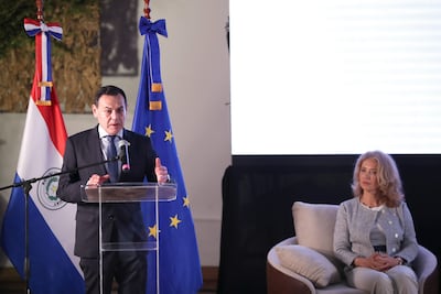 El ministro de Relaciones Exteriores, Rubén Ramírez, habla durante el foro "Acuerdo de Asociación Unión Europea - Mercosur: Oportunidades para Paraguay" este miércoles, en Asunción.