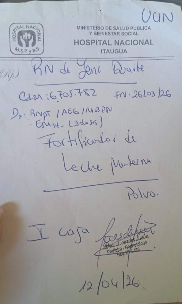 Documento oficial del Hospital Nacional de Itagua con membrete del Ministerio de Salud Pública y detalles sobre atención neonatal.