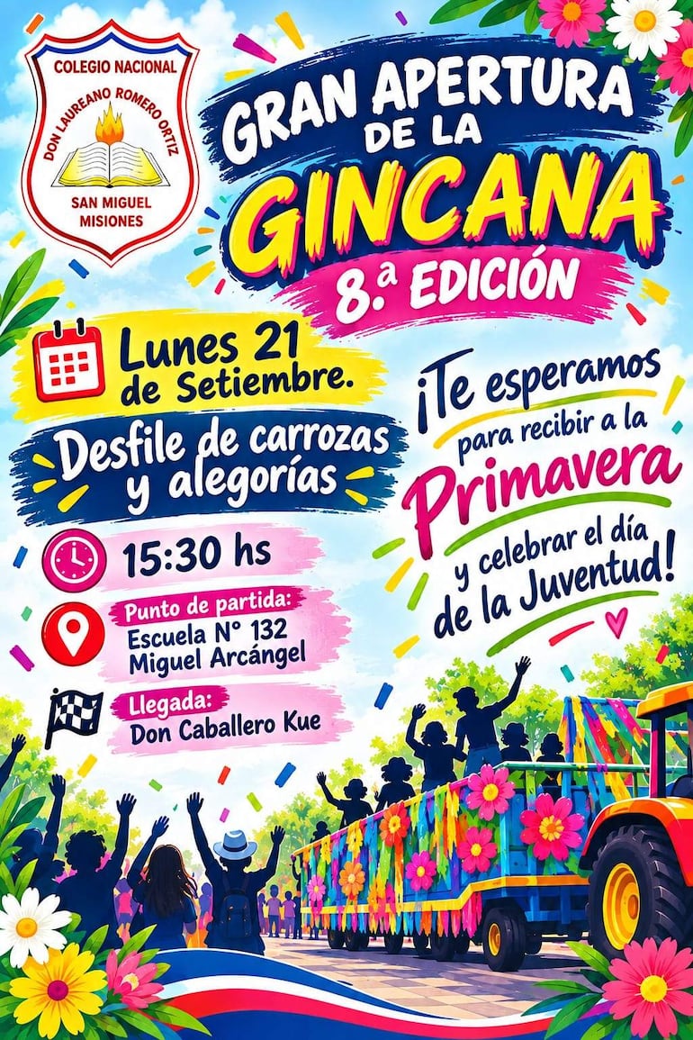 Cartel colorido promocionando evento en San Miguel, con flores y detalles de la celebración de la primavera.