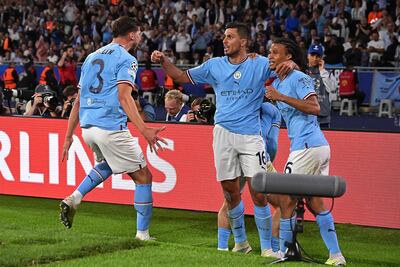 Festejo de los jugadores del Manchester City después del gol de Rodri que le dio al equipo ingles la Liga de Campeones.
