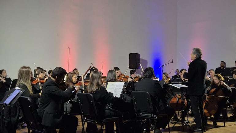 Director de orquesta de espaldas con cabello gris, guiando a músicos en negro que tocan violines y chelos en iluminación suave.