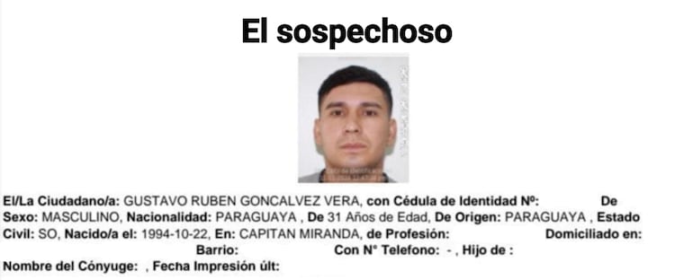 Ficha policial del ahora buscado Gustavo Rubén Goncalvez Vera.