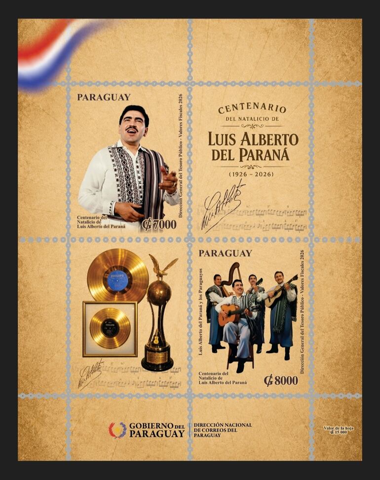 Las estampillas de homenaje a Luis Alberto del Paraná al cumplirse 100 años de su nacimiento.