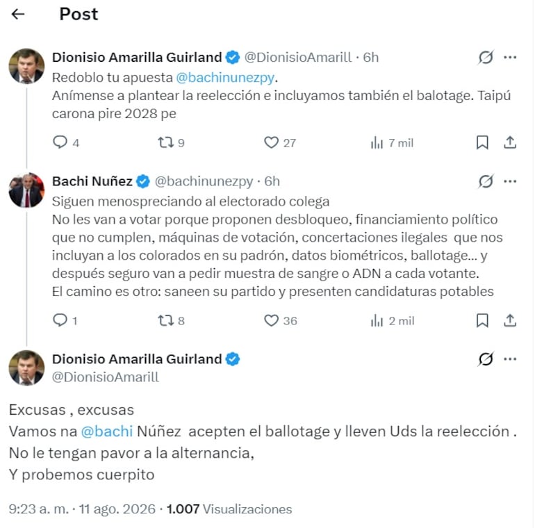 Dionisio anima a Bachi Núñez a impulsar una reforma constitucional que incluya la reelección de Cartes a cambio de incluir el Balotaje o segunda vuelta presidencial.