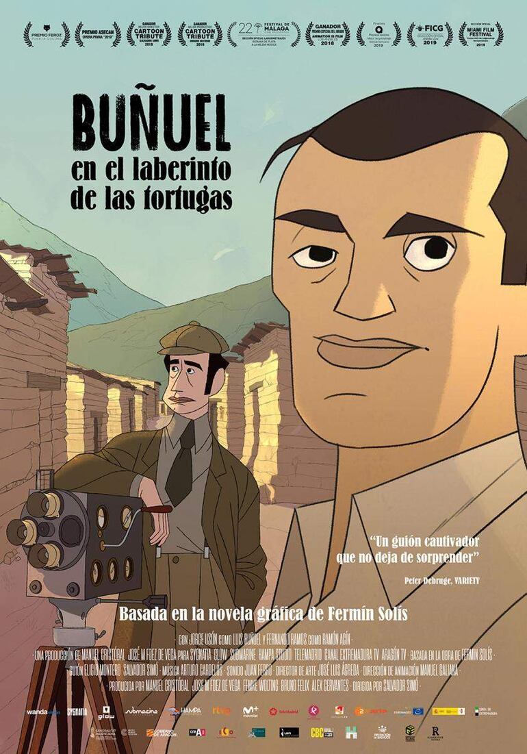 Cartel de 'Buñuel en el laberinto de las tortugas', con personajes animados en un paisaje montañoso.