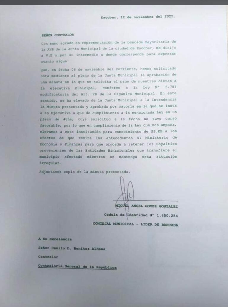 Nota presentada a la CGR por el concejal Miguel Gómez (ANR).
