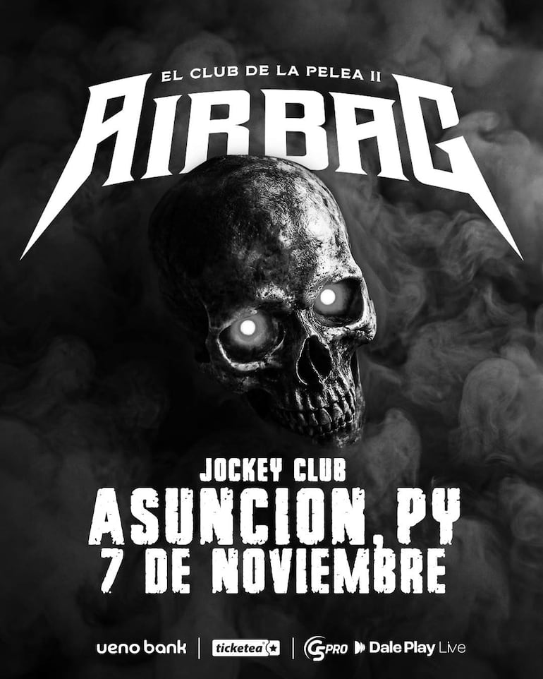 Diseño gráfico oscuro con un cráneo brillante y humo, anunciando el concierto de Airbag en noviembre.