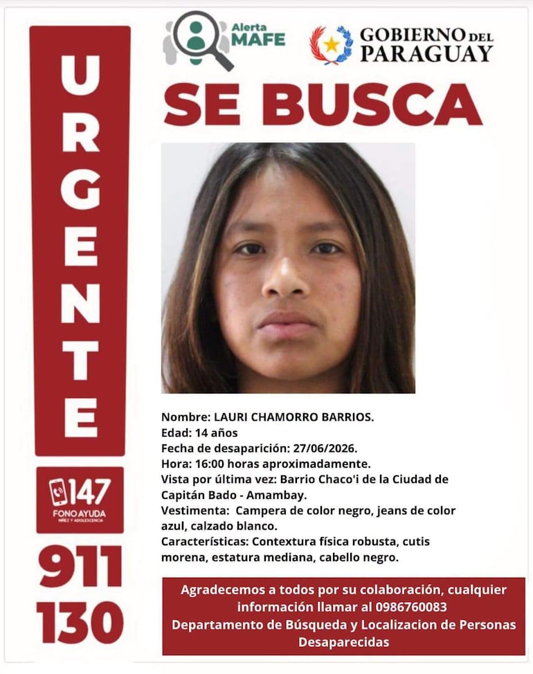 Cartel de búsqueda con foto de Lauri Chamorro, con expresión seria, viste campera negra y jeans azules.