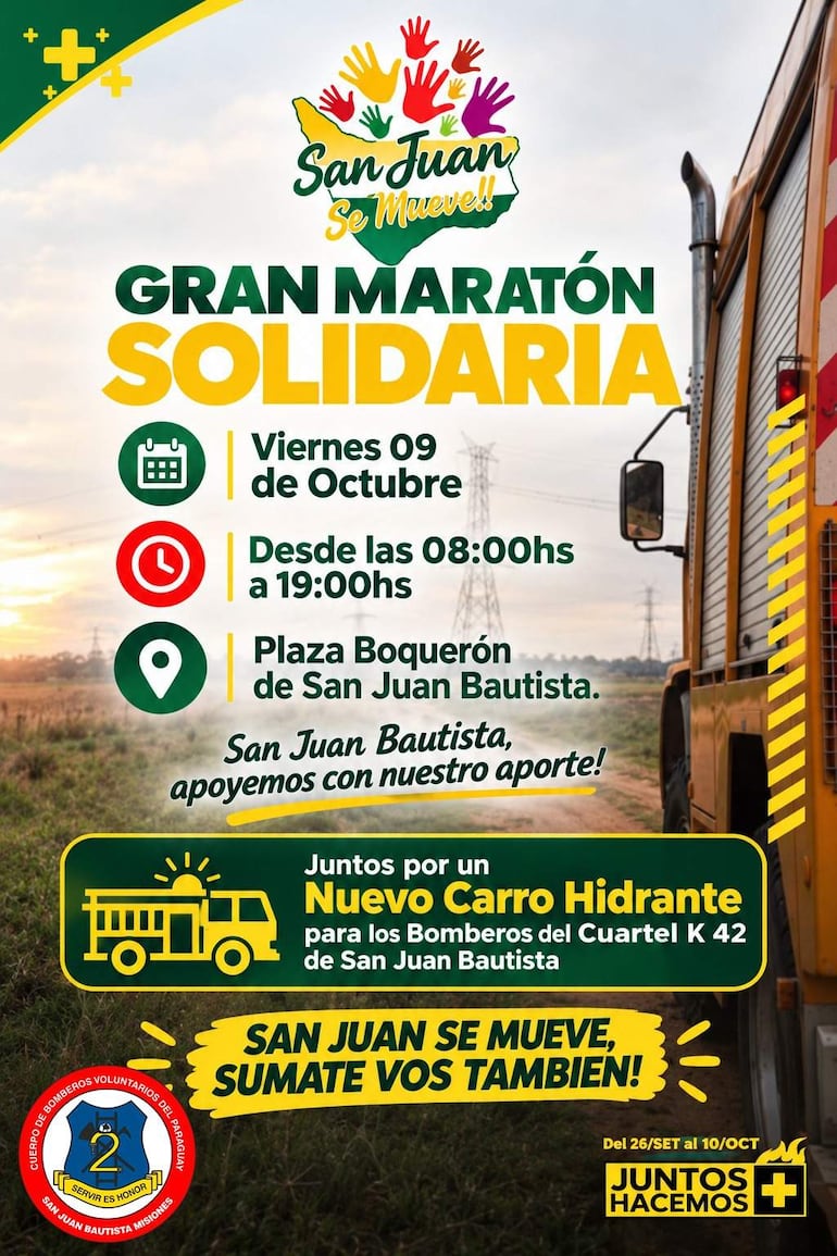 Cartel informativo de la Gran Maratón Solidaria con detalles de la fecha y objetivo de recaudación para bomberos.