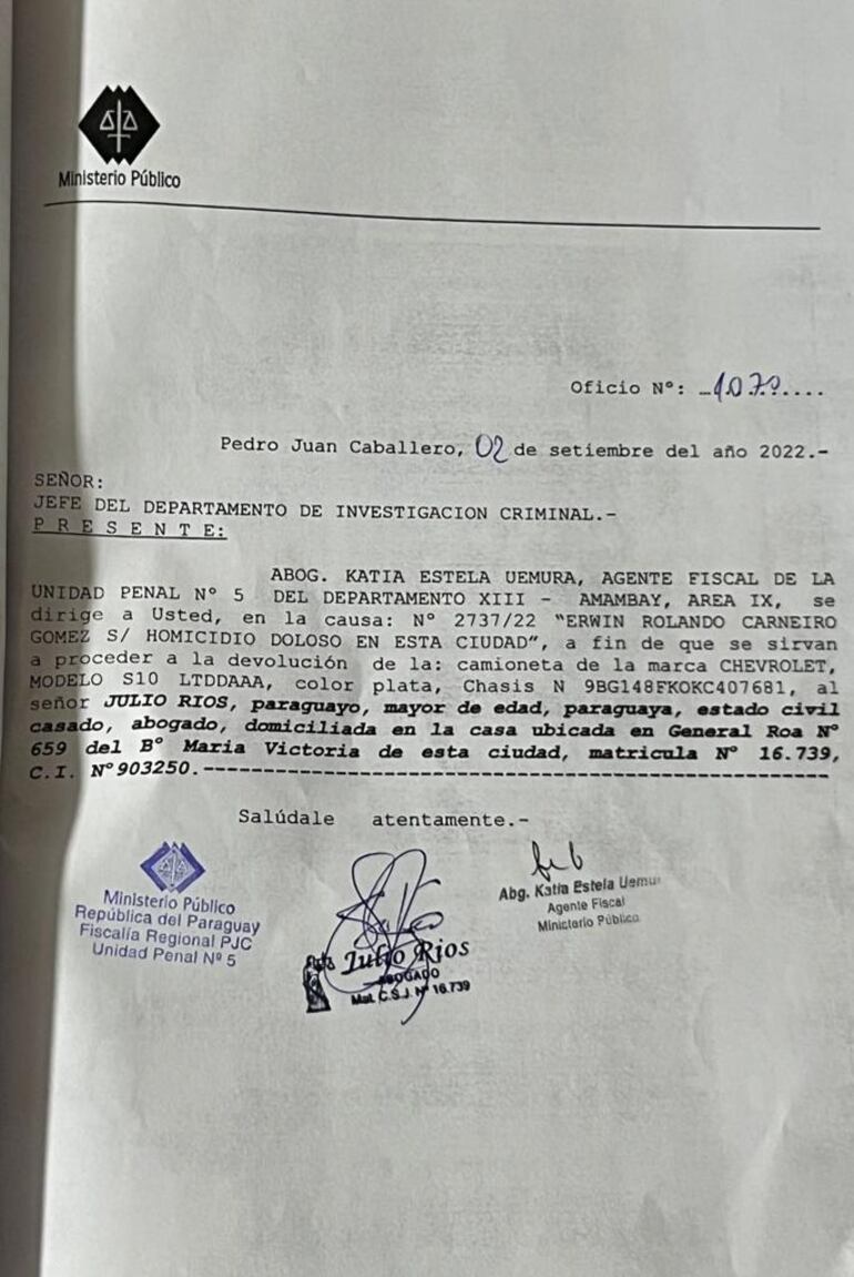 Fiscal ordena la devolución de la camioneta y se entrega al abogado del sindicado como autor intelectual del asesinato