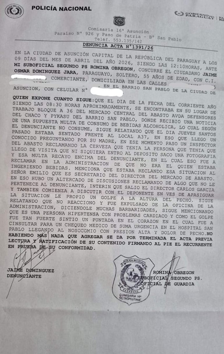 Documento oficial de la Policía Nacional sobre una denuncia por agresión por parte del director del Mercado de Abasto.