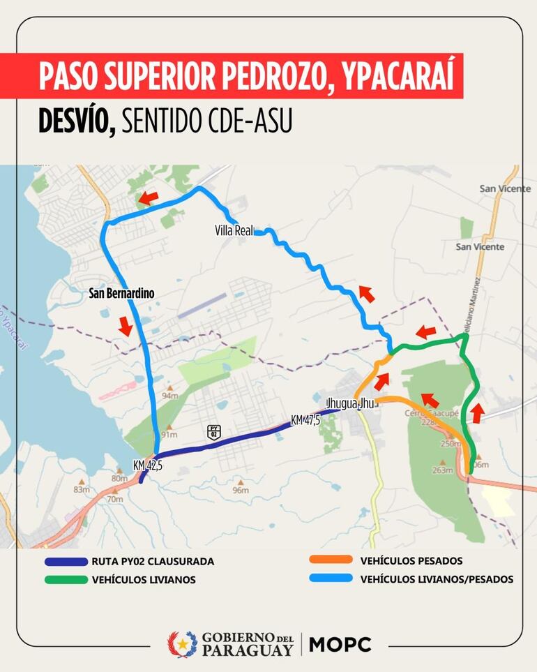 Anuncian desvíos provisorios del tránsito sobre la ruta PY02, en zona Pedrozo.