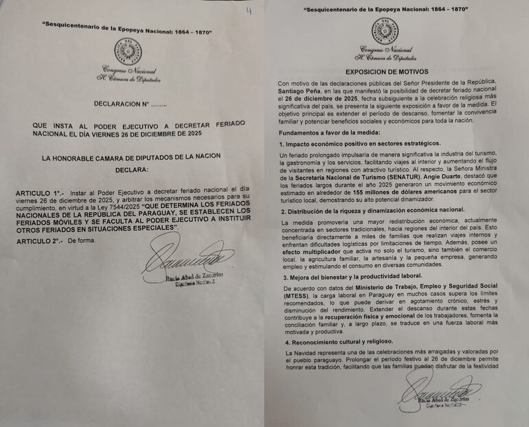 Proyecto que insta al presidente Santiago Peña a declarar el viernes 26 de diciembre como un feriado.