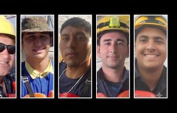 Simón Díaz González, Carlos David Pérez Morínigo, Jesús Alberto Miranda Lovera, Éver Nilson Sosa Rotela y Giovanni Samuel Amarilla Alegre, fallecidos en la explosión de la barcaza Tratank 41 en el río Paraguay.