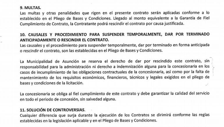 En el contrato entre la Municipalidad de Asunción y Parxin, en la cláusula número 9 se habla de las multas.