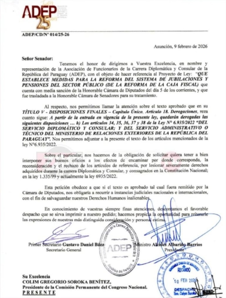 Nota ADEP a la Comisión Permanente del Congreso Nacional