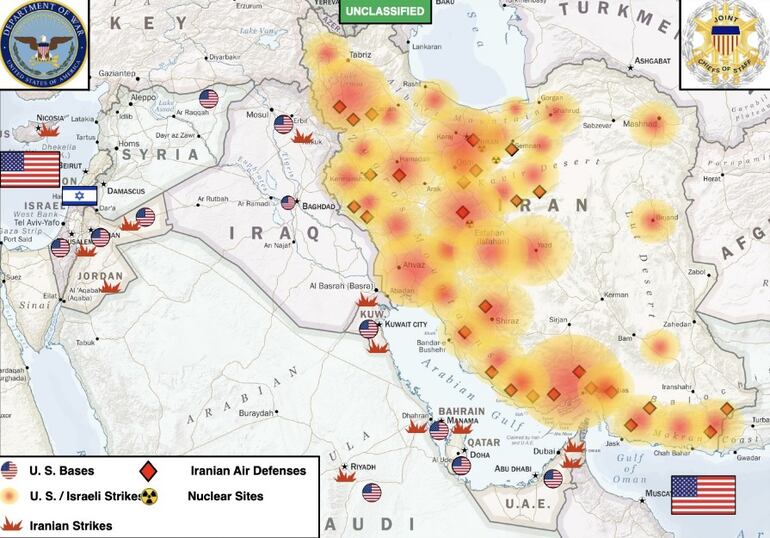 Infografía publicada por el Pentágono sobre los ataques de EE.UU. contra Irán