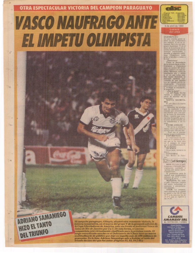 La contratapa de ABC luego de la victoria de Olimpia ante Vasco da Gama.