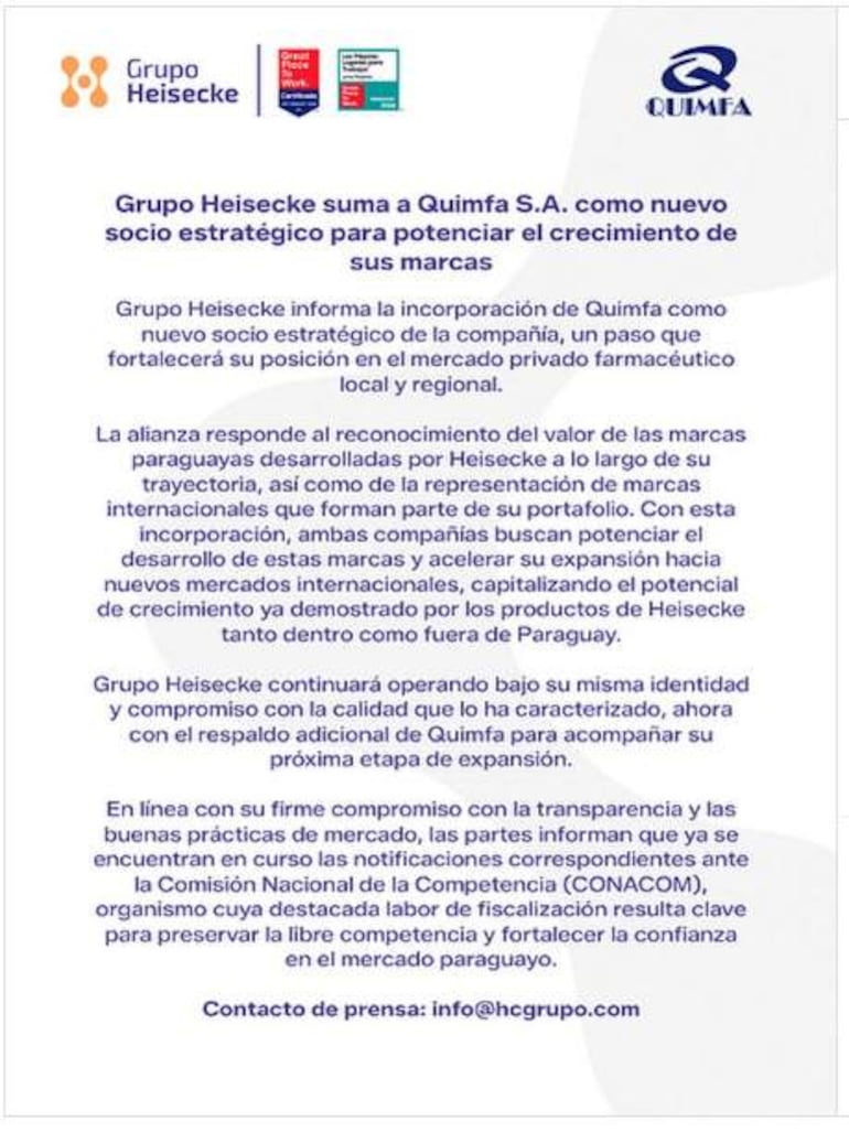 Comunicado formal de Grupo Heisecke y Quimfa S.A. con logotipos y texto sobre la nueva alianza, en un ambiente institucional.