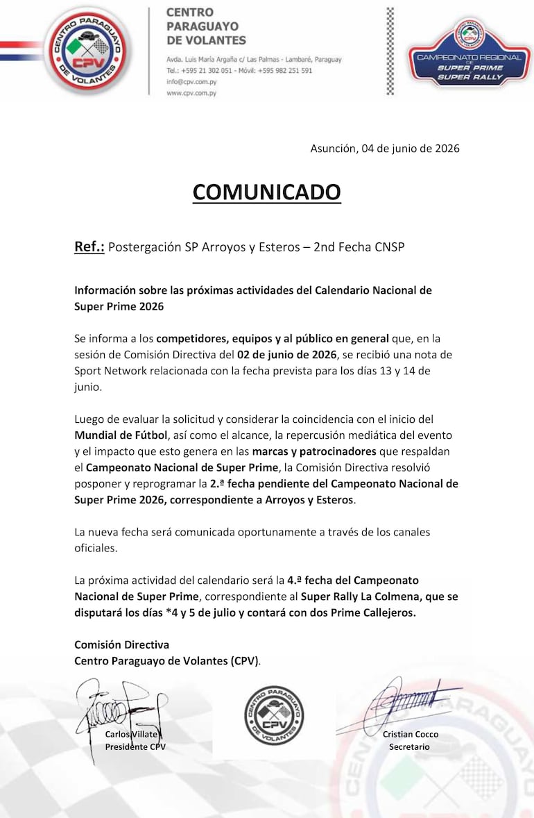 Comunicado emitido hoy y suscrito por el presidente del CPV, Carlos Villate, y el secretario, Cristian Cocco.
