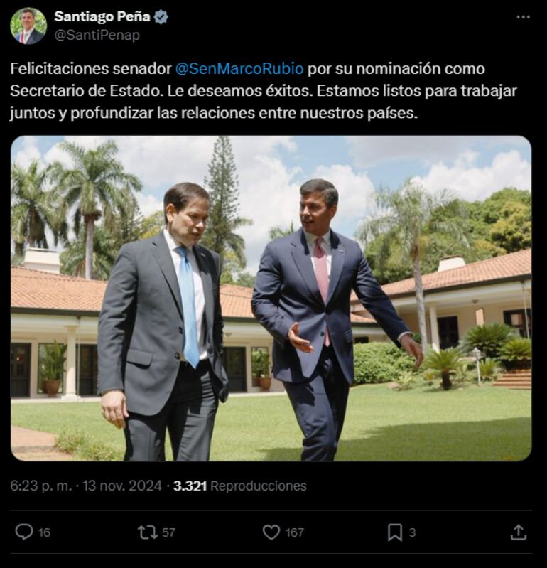 Tweet de Santiago Peña, Presidente de la República, felicitando a Marco Rubio por el anuncio de que sería el nuevo Secretario de Estado del gobierno de Donald Trump en Estados Unidos, pese a que votó en contra de la carne paraguaya.